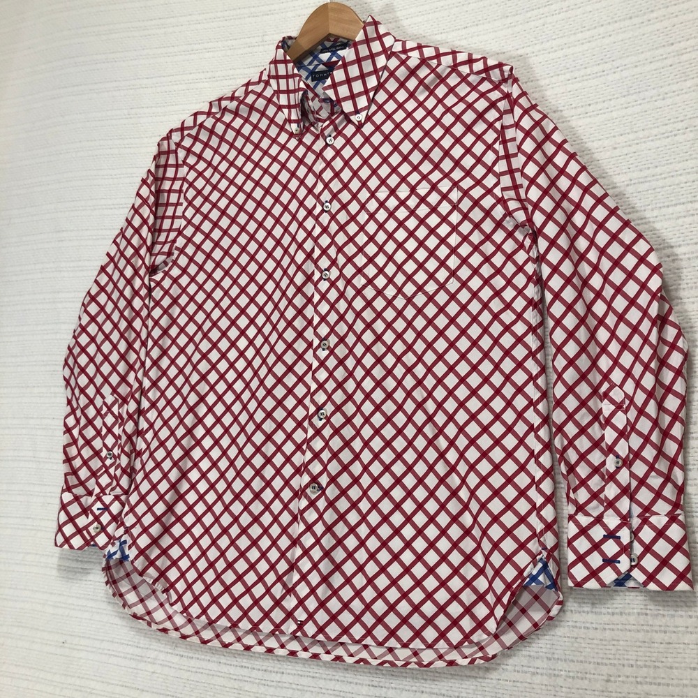 Tommy Hilfiger Button Down Shirt‎ Dobby Fabric Red Checkered Size L
